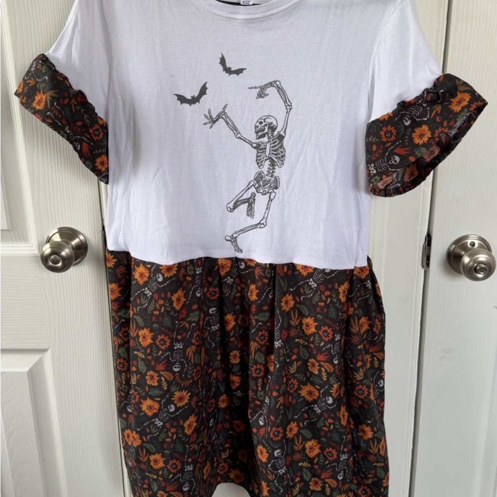 Skeleton Print Dress with Floral Skirt